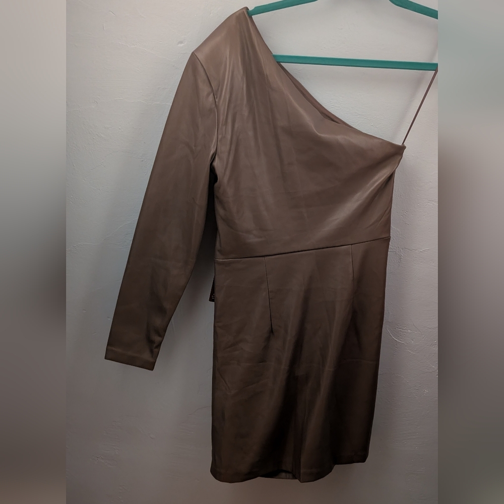 Express One-Shoulder Faux Leather Mini Dress in Mocha - Picture 3 of 6